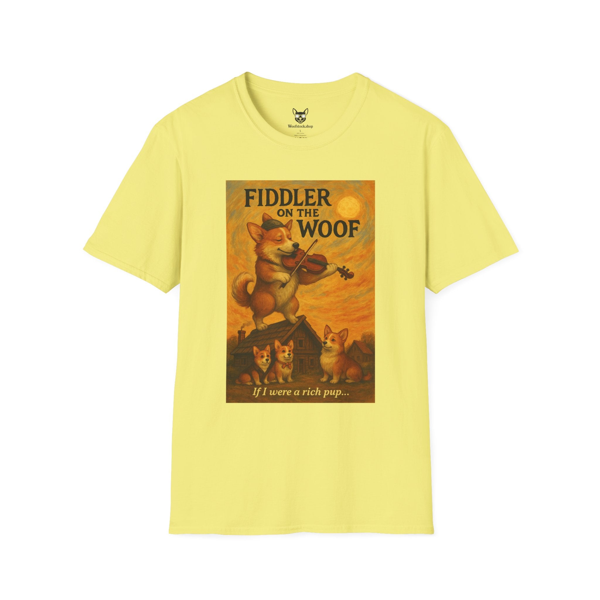Fiddler on the Woof Broadway Poster Dog Parody Unisex Softstyle T-Shirt -- Funny Broadway Movie Tee for Theater and Dog Lovers